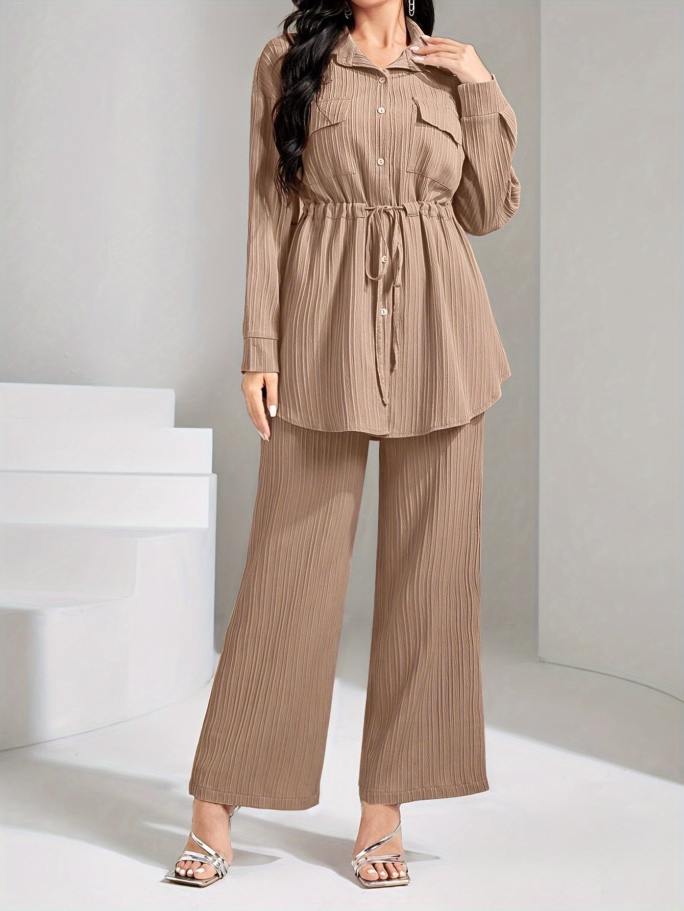 Women's casual polyester suit with lapel collar, solid color, woven fabric, long sleeve shirt, and wide leg pants for spring/fall season.