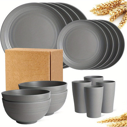 High-quality straw tableware set includes 16 unbreakable pieces that are microwave and dishwasher safe. The set consists of 8 black plates, 4 bowls, and 4 cups.