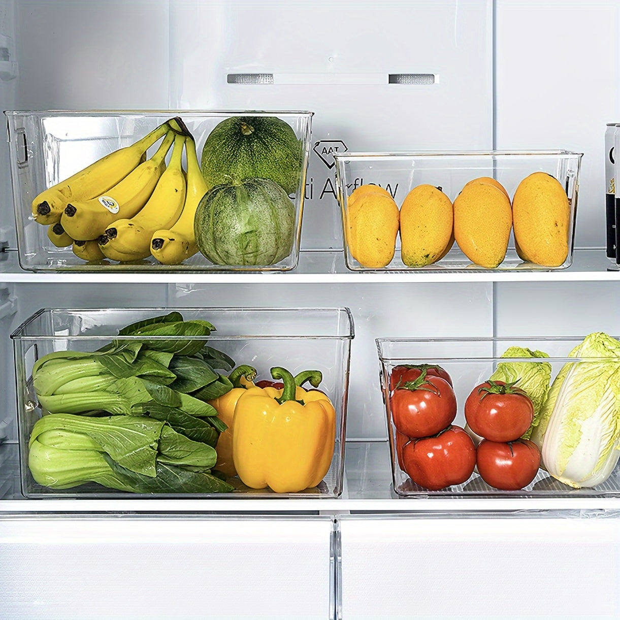 Lachesis Stackable Refrigerator Organizer Bins Set includes 2 large and 2 small bins, made of clear plastic with handles. These bins are versatile and can be used in the fridge, freezer, pantry, cabinets, drawers, or shelves for organizing fruits and