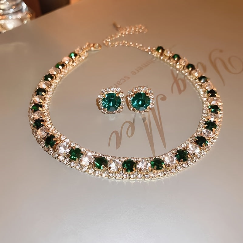 Beautiful Green Rhinestone Necklace and Earrings Set for Women, featuring a Luxurious Iron Clavicle Chain with 925 Sterling Silver Posts. Ideal Gift for Women, Perfect for Christmas Season Parties and Events. Stunning Rhinestone Decorations. Accessorize