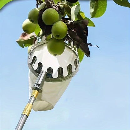 Telescopic stainless steel fruit picker tool extends up to 187.96 cm for high reach fruit harvesting.