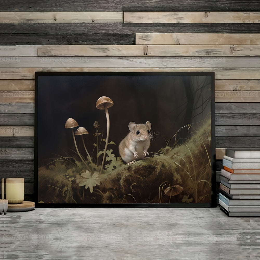 Canvas art featuring a charming mouse and mushrooms in a forest-inspired oil painting print. Ideal for enhancing the decor of a living room or bedroom. Unframed dimensions are 29.97x39.88 cm.