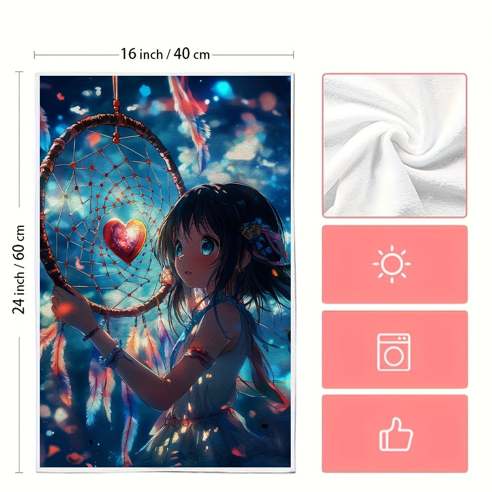 This set includes two ultra-soft kitchen towels with a charming anime girl crafting a heart-shaped dreamcatcher. These dish towels are highly absorbent, great for holiday decor, and can be easily cleaned in the washing machine. Each towel measures