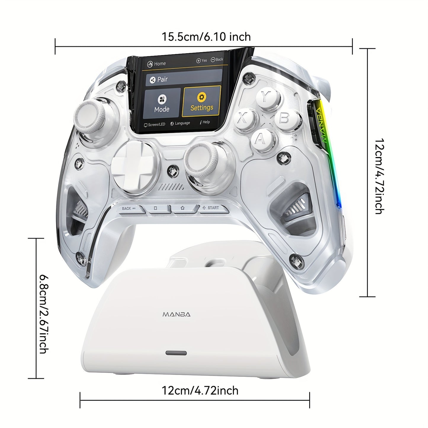 Wireless gaming controller for various devices with Hall Effect stick and trigger, RGB lighting, remappable buttons, and charging dock.