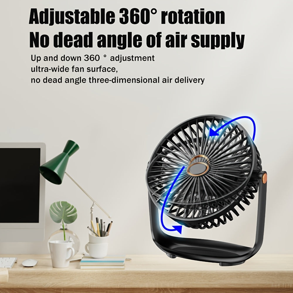 Experience the convenience of the JKUOO 19.99cm Portable Desk Fan with Nightlight. This fan features USB-C charging, 5-speed settings, 360° tilt, quiet operation, a 1200mAh lithium battery, and is made of high-quality plastic material. Perfect for both