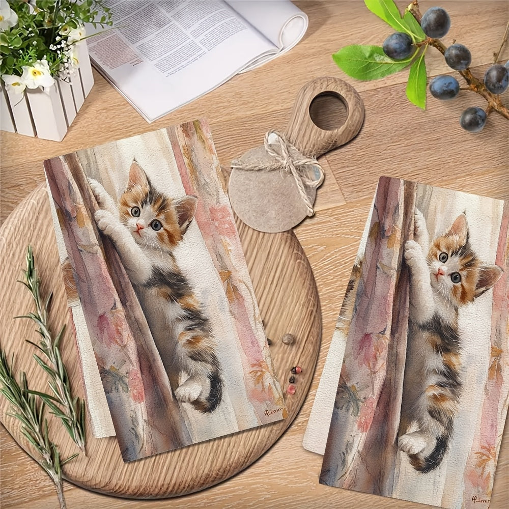 Two pieces of ultra soft kitchen towels featuring an adorable kitten climbing curtains design. These highly absorbent and machine washable dish hand towels also showcase a contemporary floral pattern. Ideal for home decor, these towels measure