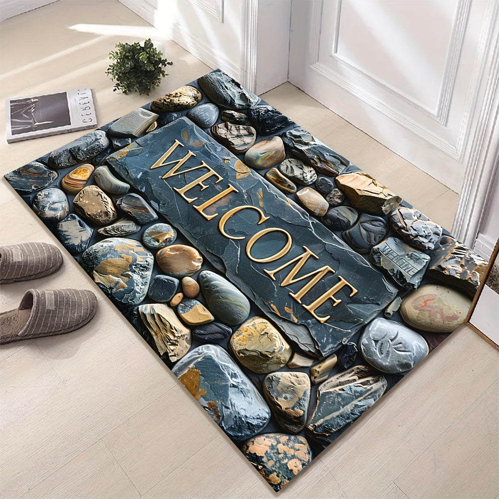 Introducing the luxurious Pebbles 3D Stone Pattern Floor Mat - a decorative delight for your home and outdoor spaces! This non-slip, waterproof, and machine washable polyester carpet features a beautiful artistic design and a luxurious texture. Perfect