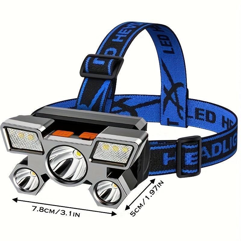 USB rechargeable headlamp with 5 LEDs, built-in battery, and portable design for various outdoor activities such as travel, camping, fishing, and hunting.