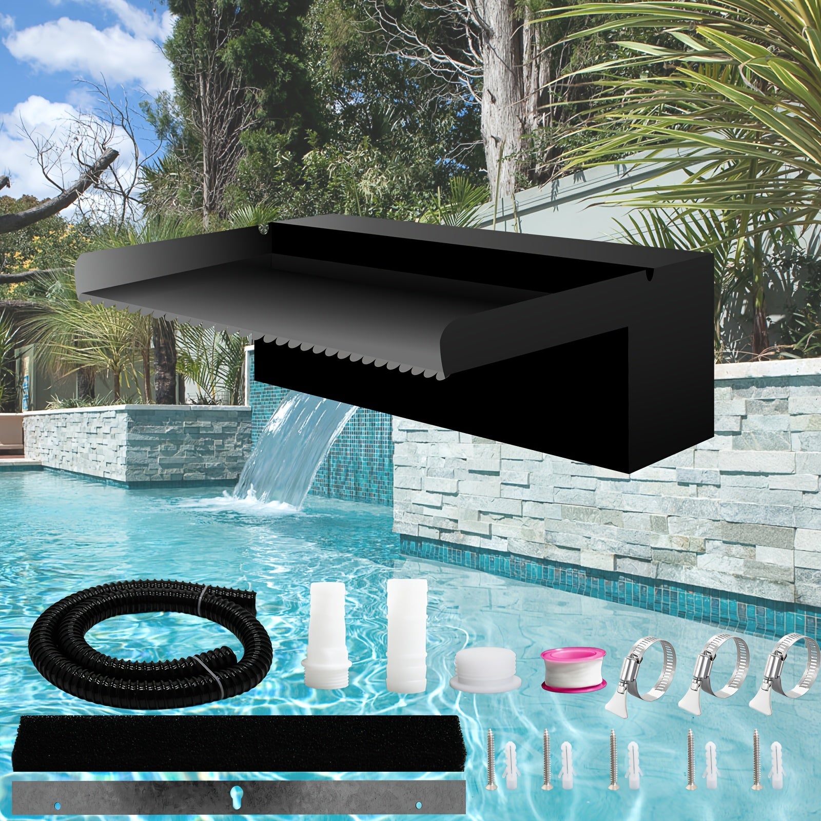 Black powder finished stainless steel spillway kit for pond waterfall, fountain decoration. Includes hose and fittings, excluding LED strip.