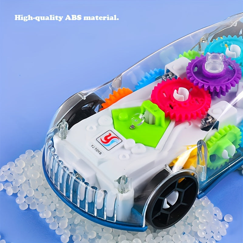 Small car model featuring a transparent electric universal gear concept with music and light, designed for racing simulation.