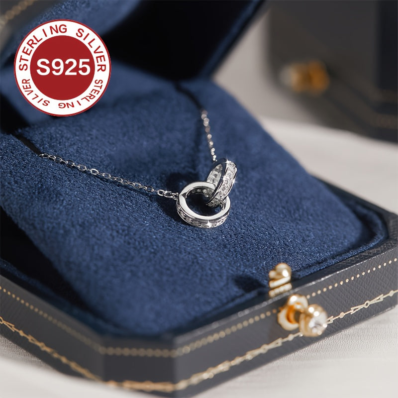 [Top Pick] Stylish 925 Sterling Silver Double Halo Necklace adorned with Cubic Zirconia, White Gold Plated - Ideal for Everyday Wear, Valentine's Day, or Mother's Day Present. Includes Anti-Tarnish Box and weighs 4g. Hypoallergenic, Clavicle Chain design