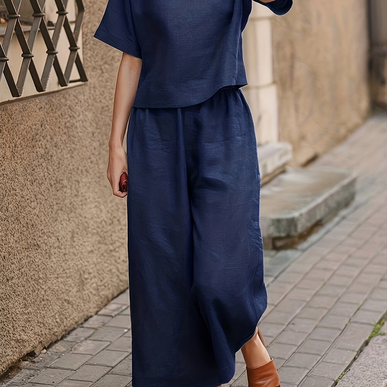 Casual Women's Crew Neck T-Shirt and Wide Leg Pants Set