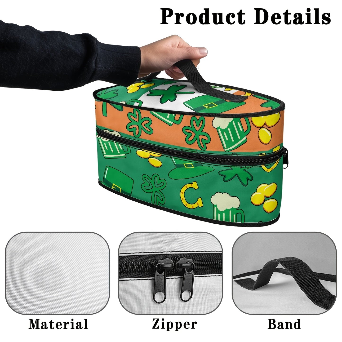 Portable ironing bag with St. Patrick's Day cloverleaf design, perfect for travel or storage. Features top handle and double zipper for easy access. Made of polyester material, dust proof. Ideal holiday gift for anyone in need of a stylish accessory.