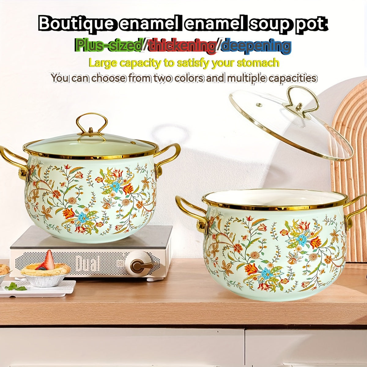 One piece of handmade enamel saucepan - Thick enameled pot perfect for stews, soups, serving at the table, and displaying in the kitchen - Spacious and easy to clean, suitable for gas, open flame, and induction cooktops.