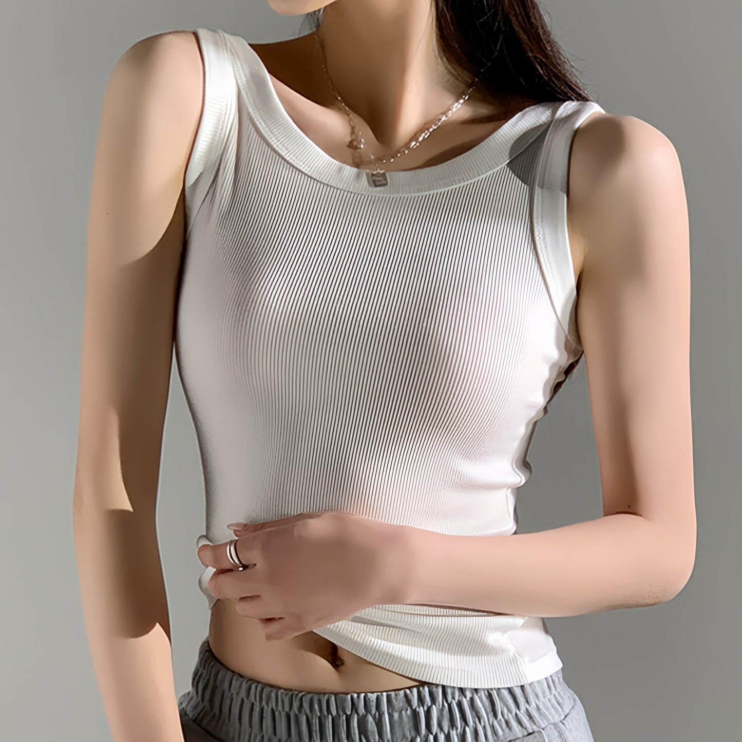 Women's casual ribbed tank top with side stripe detail, low neck camisole for all seasons, versatile layering piece