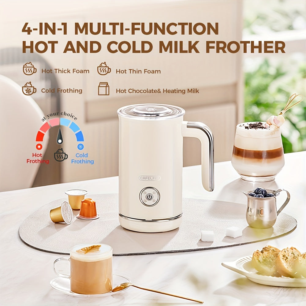 CAFELFFE 4 in 1 Hot and Cold Milk Frother: Stainless steel, automatic shut-off, includes two whisks. Suitable for latte, macchiato, hot chocolate, cappuccino. 500 watts, beige, 8 oz/240 ml.