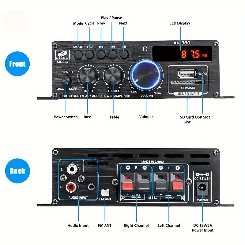 1 Set 800W 2 Channel Mini HIFI Power Amplifier for Home and Car Audio Stereo Amp with FM