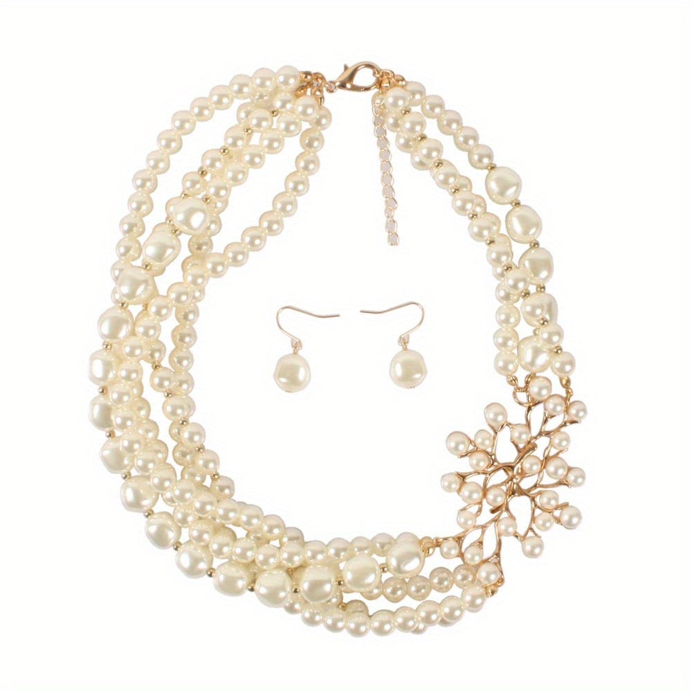 ornament for party, wedding, and prom, this jewelry set features a vintage-inspired baroque style faux pearl tree branch design necklace and earrings.