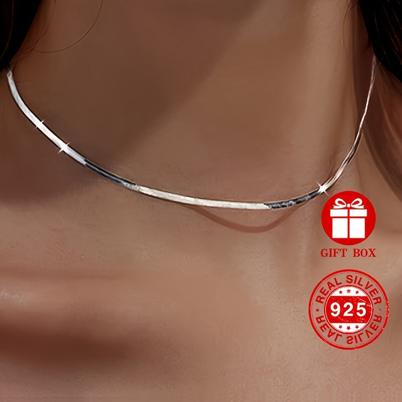 Hypoallergenic S925 Sterling Silver Flat Snake Bone Chain with Cold Style Blade Design, Silvery Necklace for Women. Light Luxury High-grade Clavicle Chain weighing 3.6g