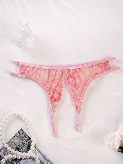 Stylish floral lace panties featuring bow detail, semi-sheer, comfortable fit for plus size women. Cute and fashionable.