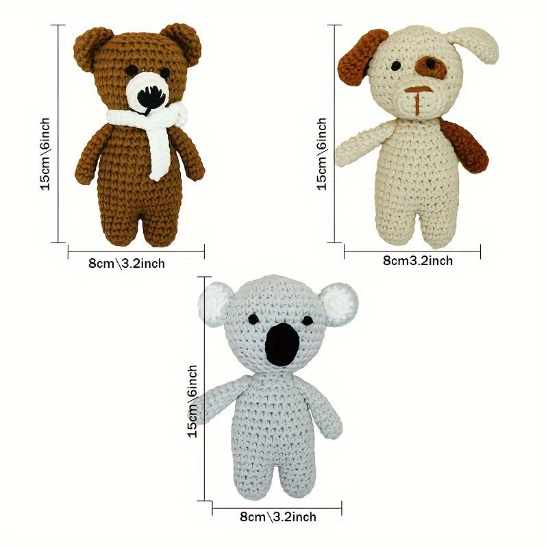 Unique handmade animal dolls for infants, including adorable options like a bear, a dog, and a koala to aid in their early development.