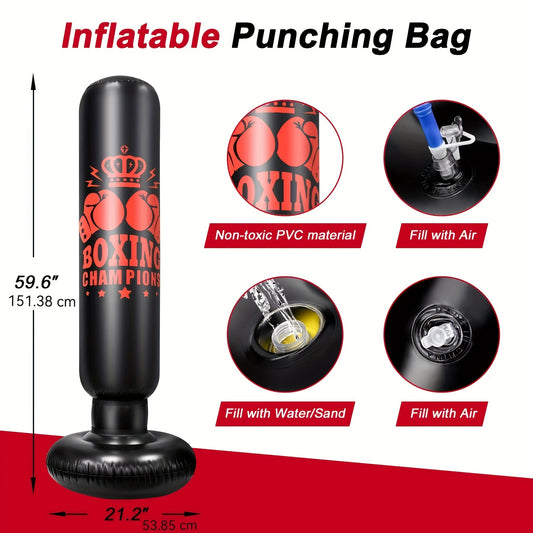 Inflatable punching bag set includes boxing gloves and skipping rope, suitable for karate and kickboxing.