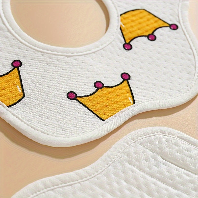 Three pieces of cotton bibs with a waterproof knitted petal design, featuring double hidden buttons for secure closure. These bibs are soft, absorbent, and perfect for keeping your little one clean during mealtime.