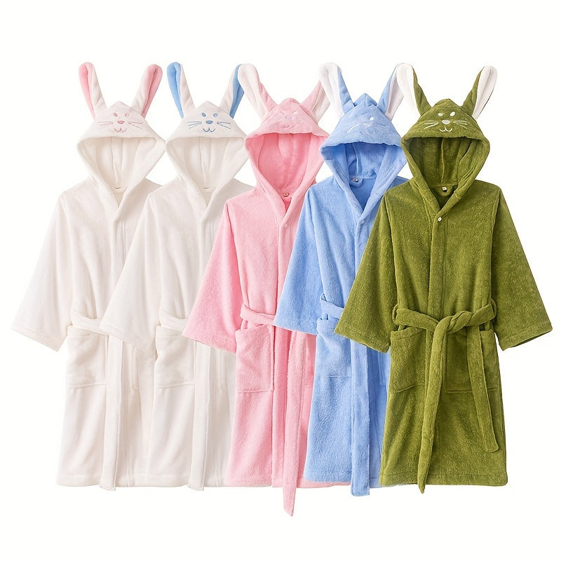 Children's bathrobe with cute rabbit face design, made of quick-drying absorbent cotton. Perfect for home or bathroom use.