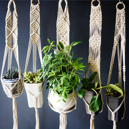 Set of 5 Macrame Hand Weave Plant Hangers for Home Decor. Includes Plant Climbing Support Rack and Hanging Pot for Green Plants.