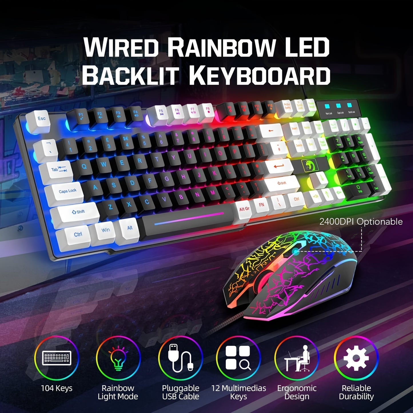 4-in-1 Gaming Bundle with Rainbow LED Backlit Keyboard, Mouse, Mousepad, and Headset - Includes 104 Keys, Multimedia Controls, 2400 DPI Mouse, Over-Ear Headphones with Mic, Non-Slip Mouse