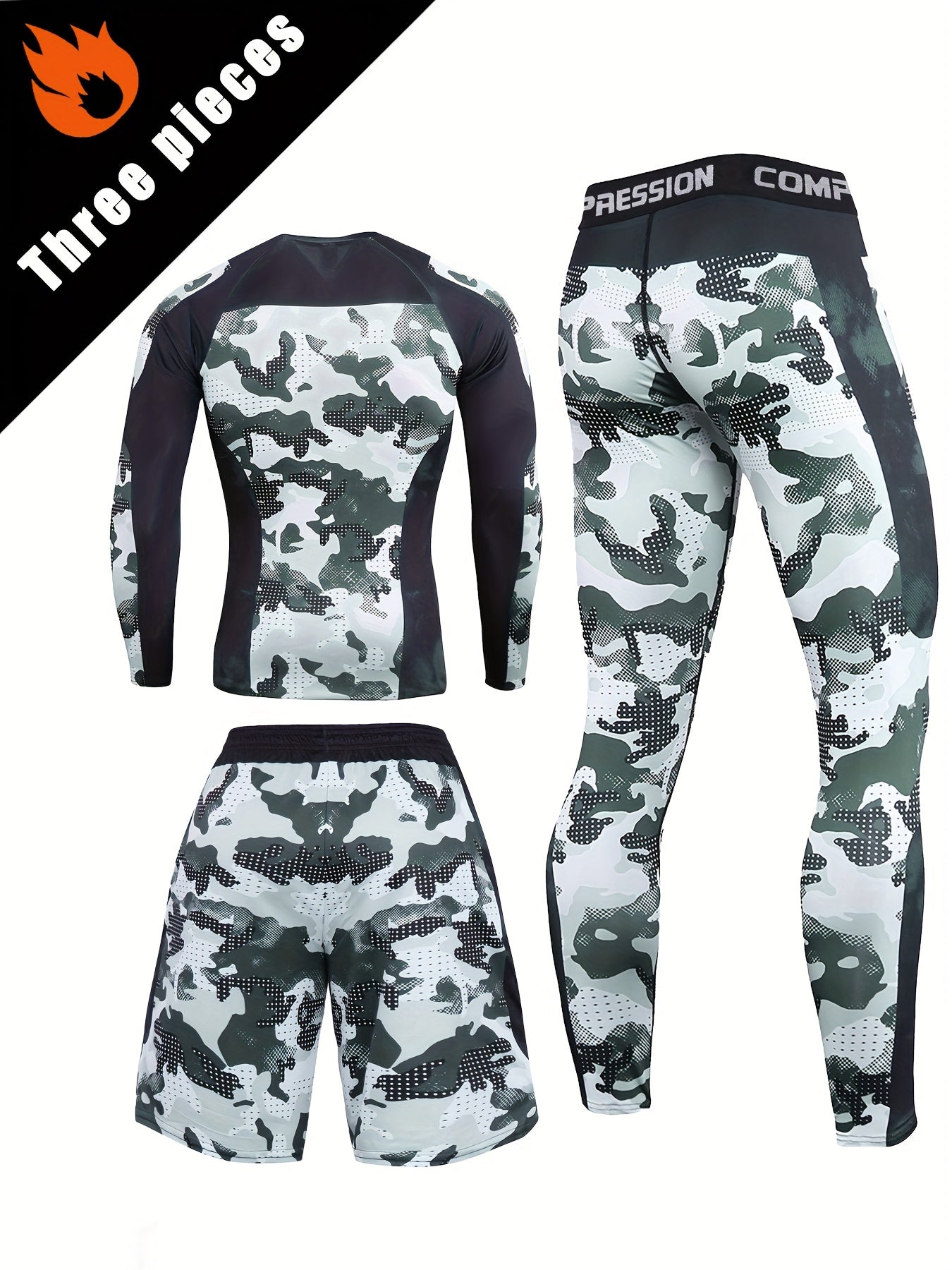 Men's camo compression set includes long sleeve top, shorts, and leggings for outdoor and training.