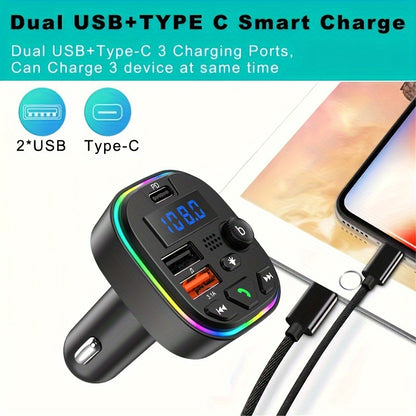 Car charger with FM transmitter and PD 30W, Type C & dual USB ports for fast charging, wireless MP3 player, hands-free calls, AUX, high fidelity audio, and car plug operating voltage ≤36V.