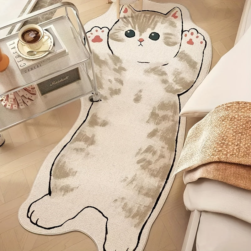 WhimsyCat Water-Resistant Cartoon Cat Floor Mat - 1 Piece, Made of Polyester Fiber with Rubber Backing, Non-Slip, Machine Washable, Unique Irregular Shape for Indoor Bedroom Use