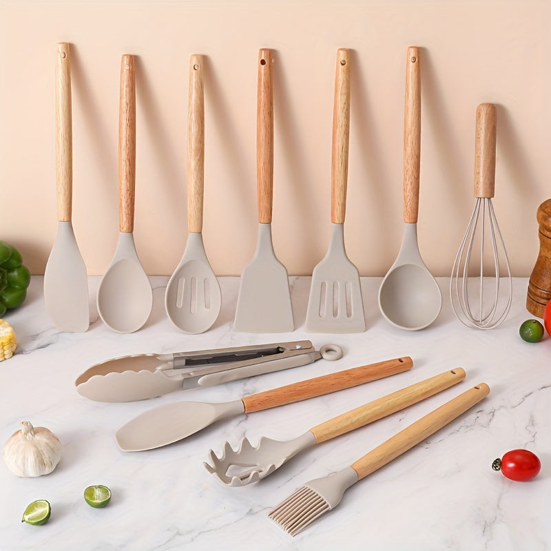 Set of 12 silicone utensils with khaki color and wooden handles, ensuring safety while cooking. These non-stick kitchen tools are washable and modern, providing a range of cookware and gadgets for your kitchen.