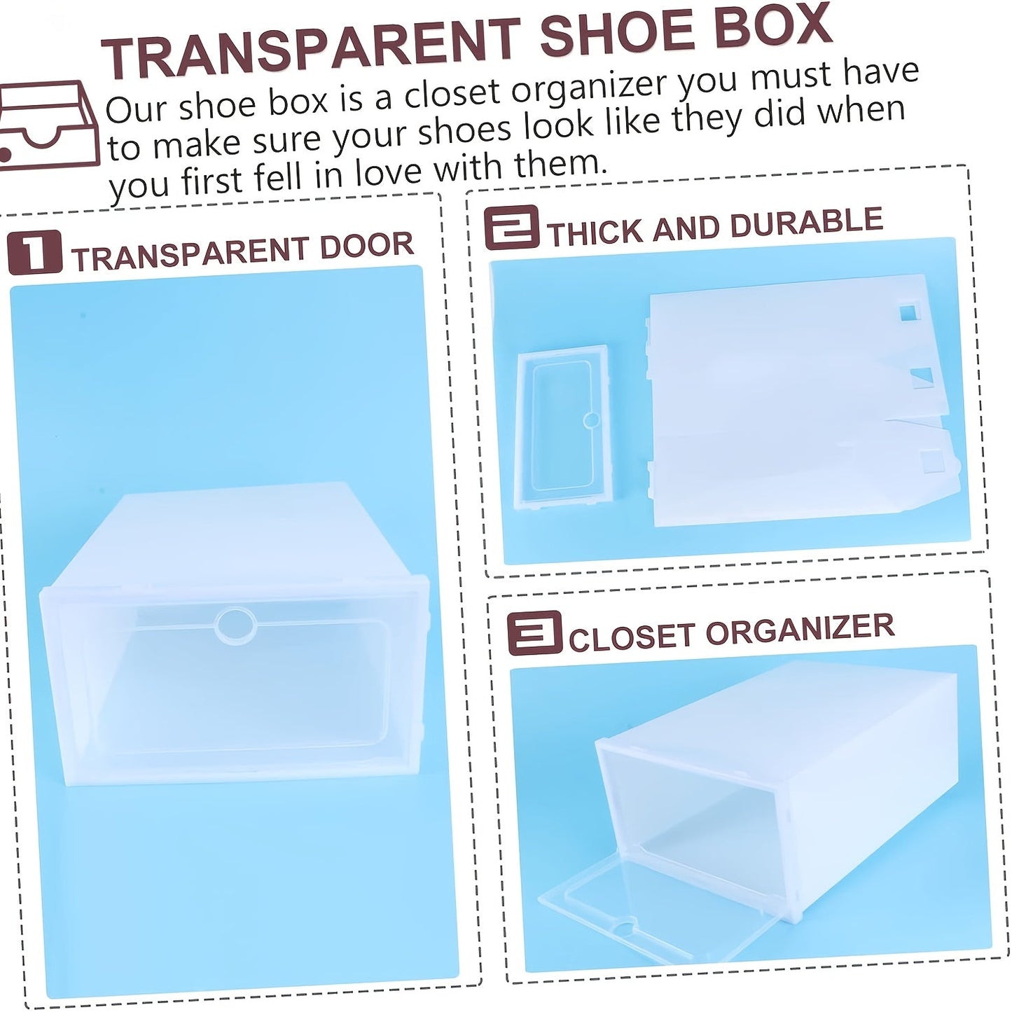 Transparent plastic shoe organizer boxes, set of 12 pieces. Waterproof and foldable design for simple assembly. Versatile storage solution for shoes and cosmetics, featuring flip-top lid. Ideal for use in home, bedroom, dorm rooms for organized shoe