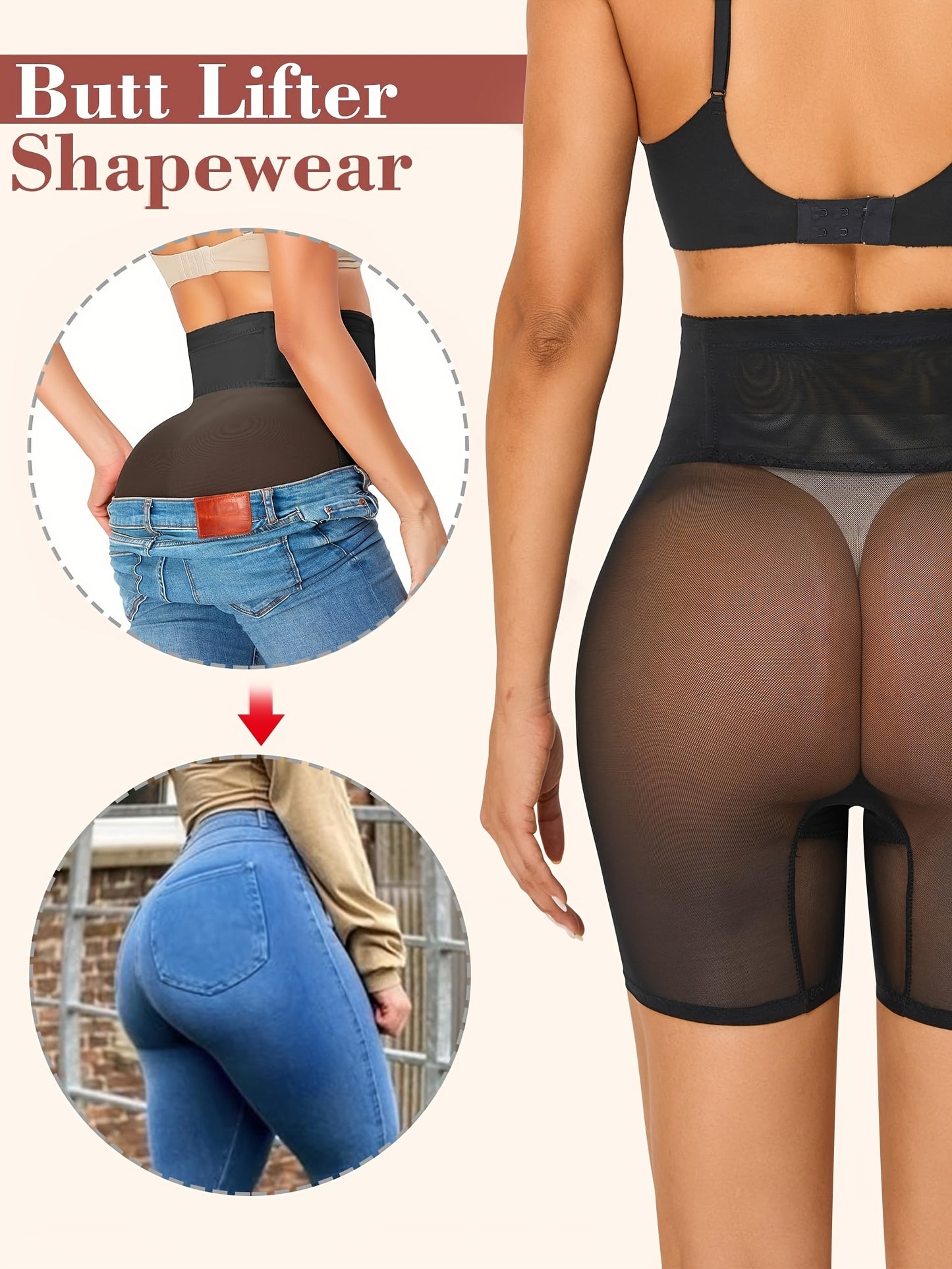 Women's shapewear with high waist, seamless thigh tuck, and butt lift.