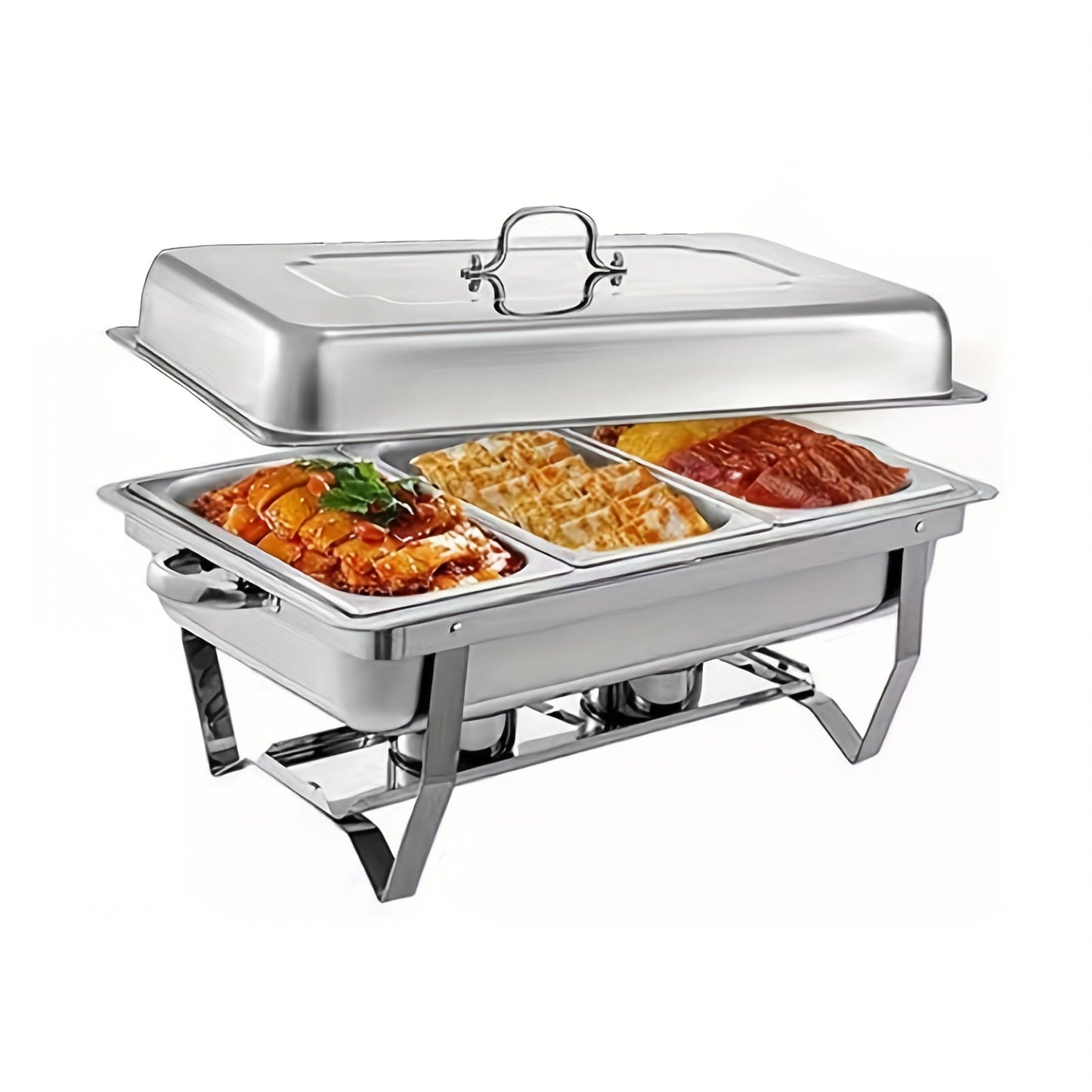 One set of 8QT Stainless Steel Chafing Dishes, includes Full & Half Pans and Foldable Stand. Ideal for Weddings, Parties, Banquets, Catering and Events. Comes with 1 full and 1 half piece.