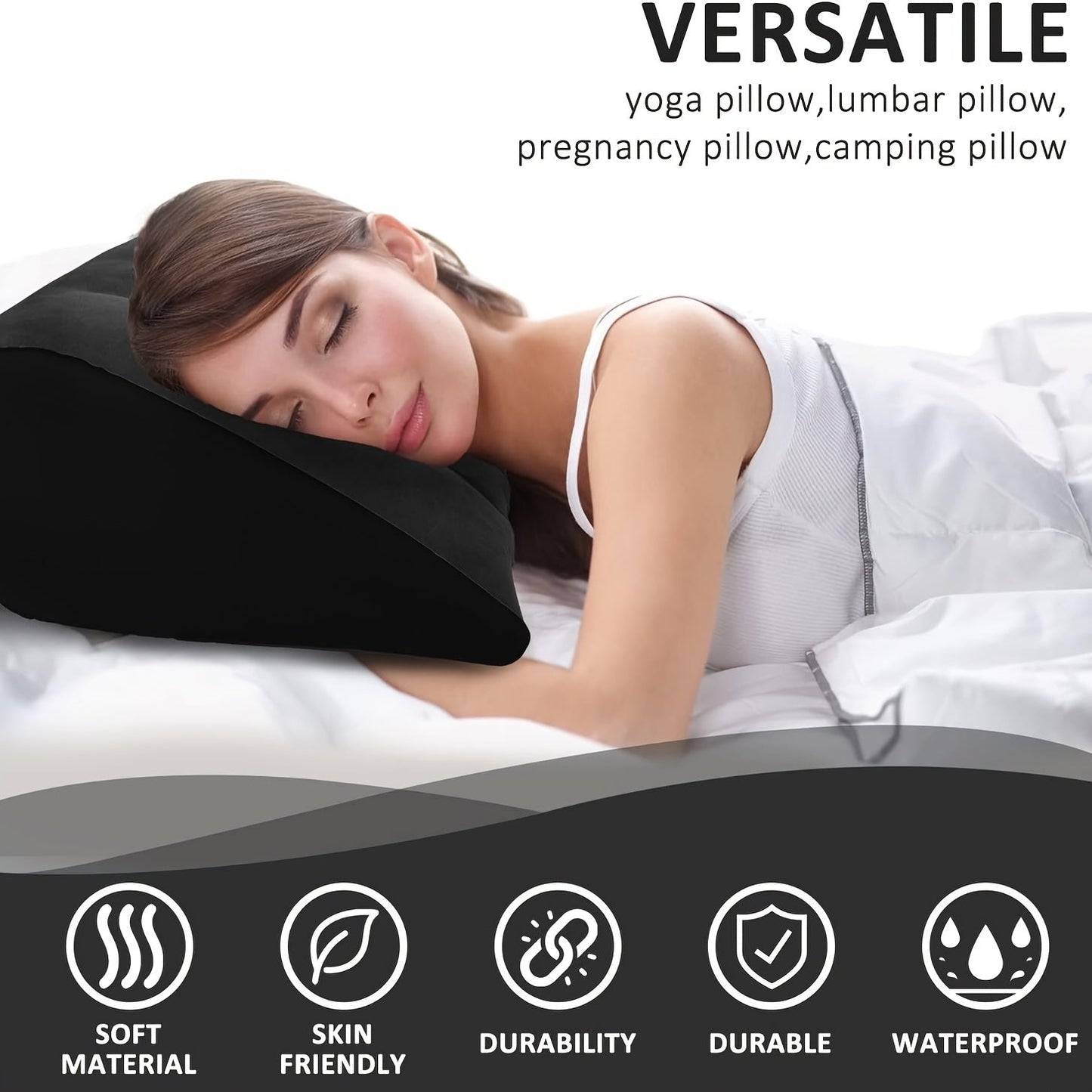 Versatile portable inflatable pillow that can be used as a lumbar pillow, maternity pillow, and more.