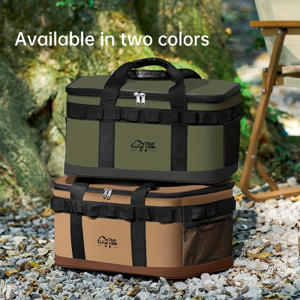 Large capacity polyester cooler bag with dual color options, carry handles, and carabiner hook for outdoor activities.