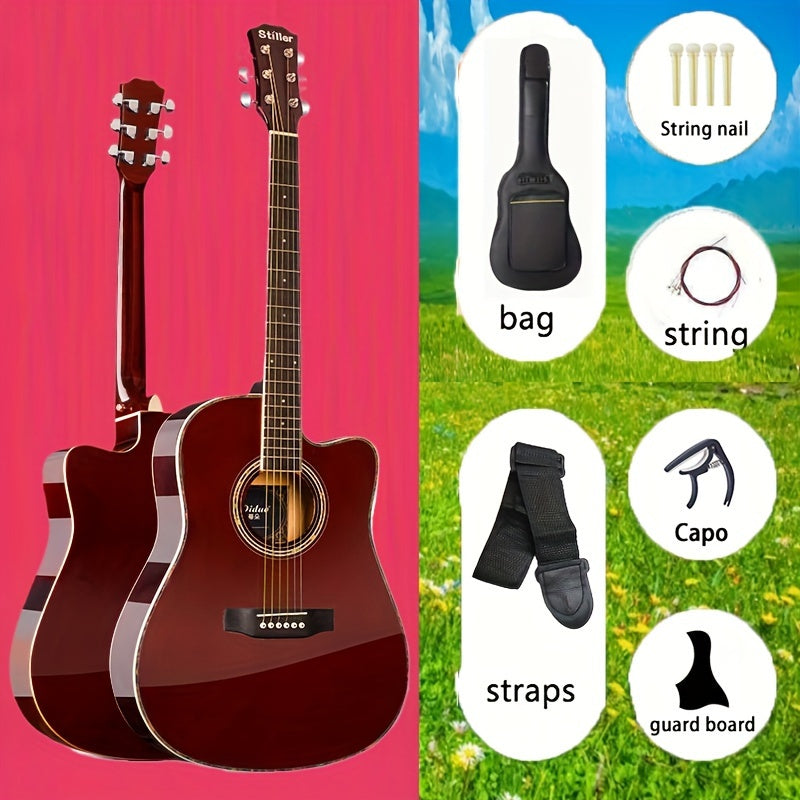 DLASO Beginner Acoustic Guitar 101.6cm with Rosewood Fingerboard, Spruce Top, Maple Neck, and Basswood Back & Sides. Includes bag, straps, pick, connecting line, and tuner.