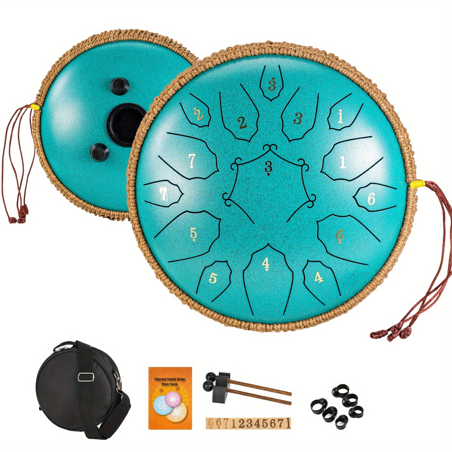 30.48cm D-Key steel tongue drum with 15 notes, carry bag, and accessories for yoga, meditation, concerts, and relaxation.