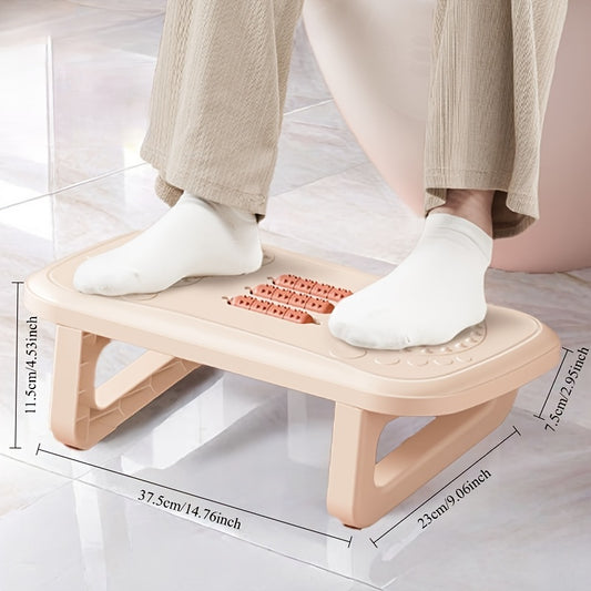 Adjustable under-desk foot stool with massage surface and non-slip bottom, in white, black, or pink.