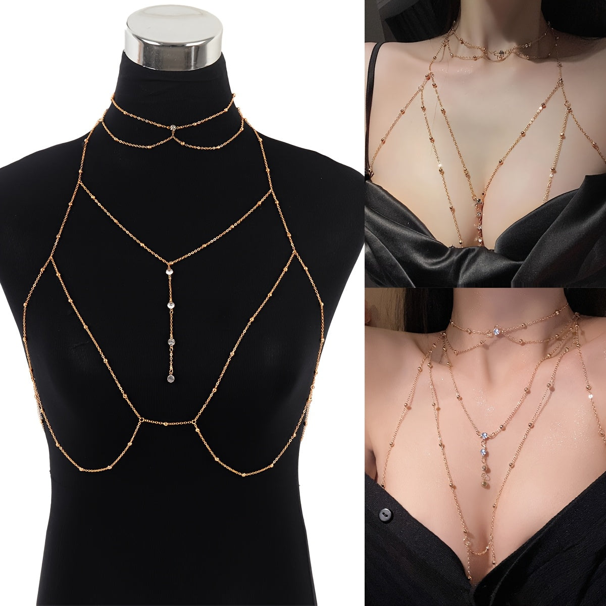 Body chain set featuring two pieces adorned with rhinestones, made from high-quality alloy material and plated for versatility, complete with elegant hanging pendants. Perfect for parties and vacations, this all-season accessory adds a touch of sexiness