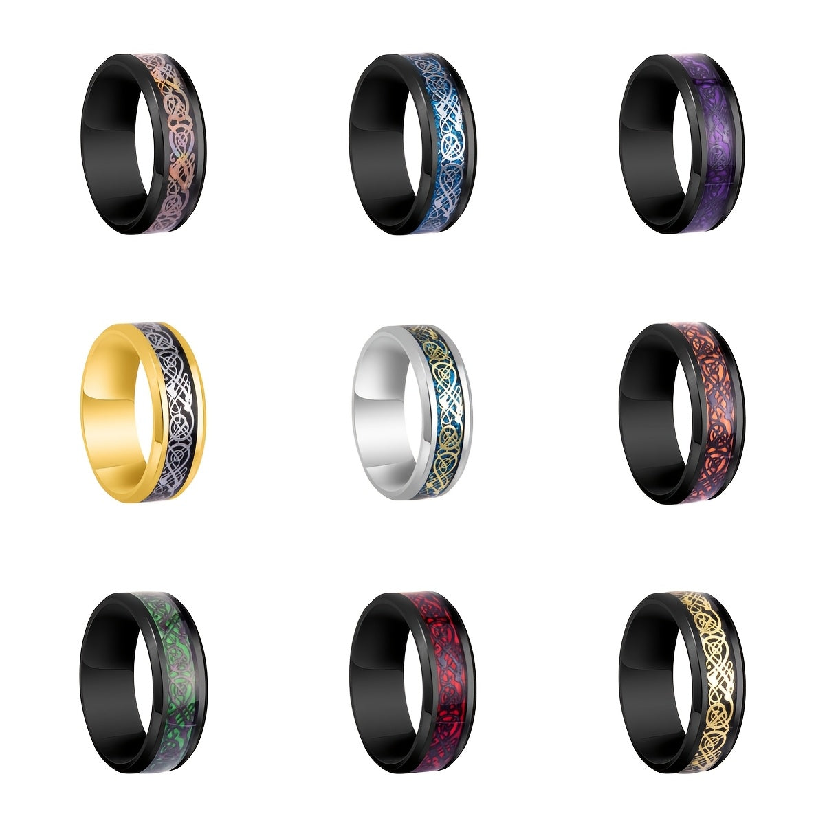 Set of 6 Punk Style Band Rings crafted from Stainless Steel in a variety of colors for mixing and matching, ideal for both Men and Women to complement their daily attire.