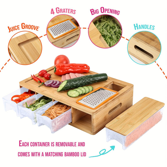 The Bamboo Cutting Board Set includes containers with a multifunctional design, featuring four graters and four lidded trays for easy food storage.