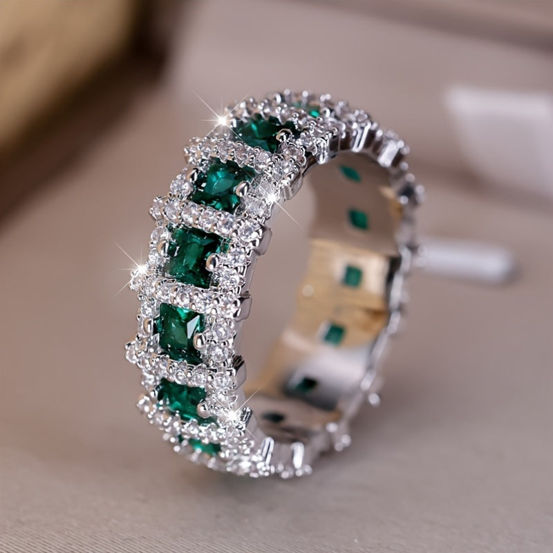 Vintage Boho Style Eternity Band Ring featuring Green zirconia Stones, made of Copper with No Plating - Perfect for Weddings, Engagements, Banquets, or as a Fashion Statement.