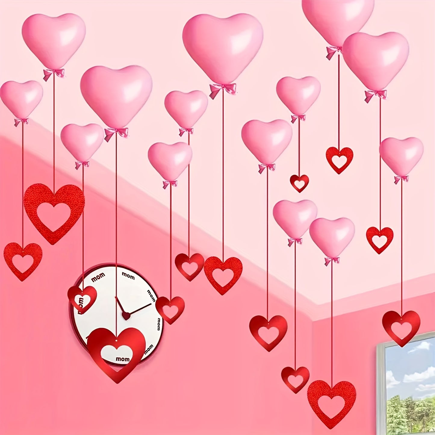 200 Valentine's Day hanging heart decorations. Ideal for weddings, birthdays, parties, and romantic room decor. Made of plastic red hearts and silk strings. Non-electric and featherless.