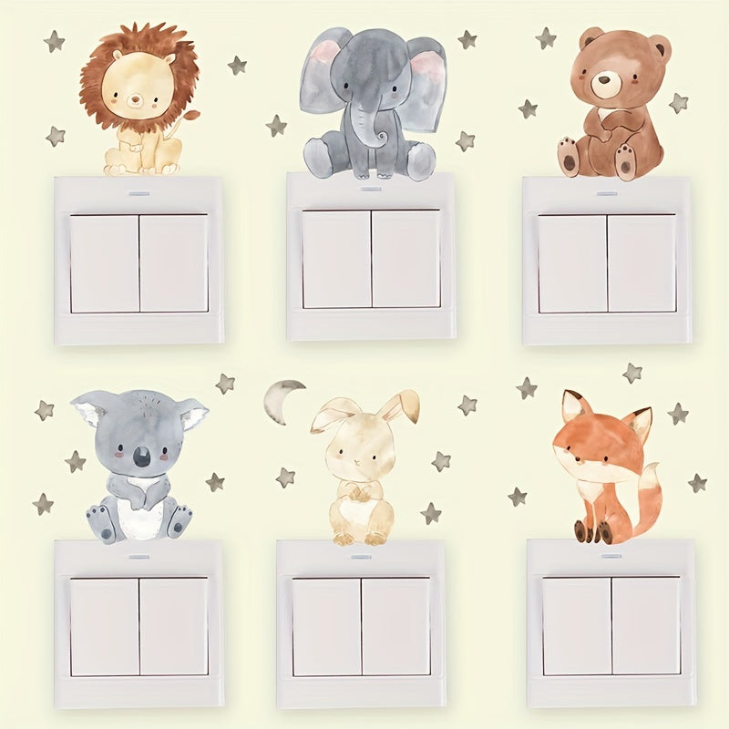 Decorate your room with 12 adorable cartoon animal switch stickers featuring lions, elephants, and rabbits. These bohemian wall stickers are perfect for adding a touch of cuteness to your space. They can be used on windows, doors, or any smooth surface