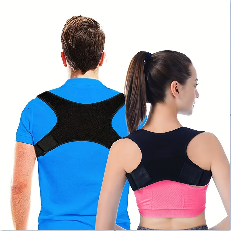 Adult posture corrector back brace in black, made of knit fabric with polyester and kapok blend, hand wash only.