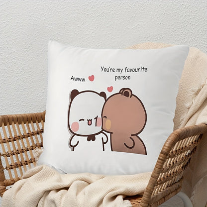 Velvet cushion cover featuring cute Bubu & Dudu panda bears in a cartoon couple design with "You're My Favorite Person" text. Cozy square throw pillow case for home decor, machine washable with zipper closure.